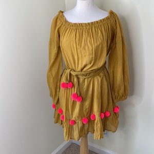 SUNDRESS Off the Shoulder Cotton Dress Beach Cover Up with Pom Poms Gold Pink